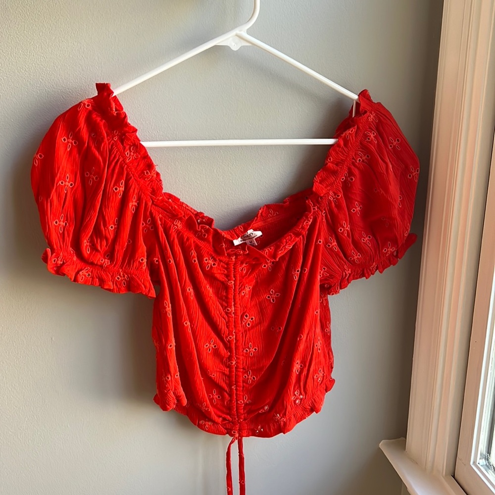 Red Flower Drawstring Crop Top